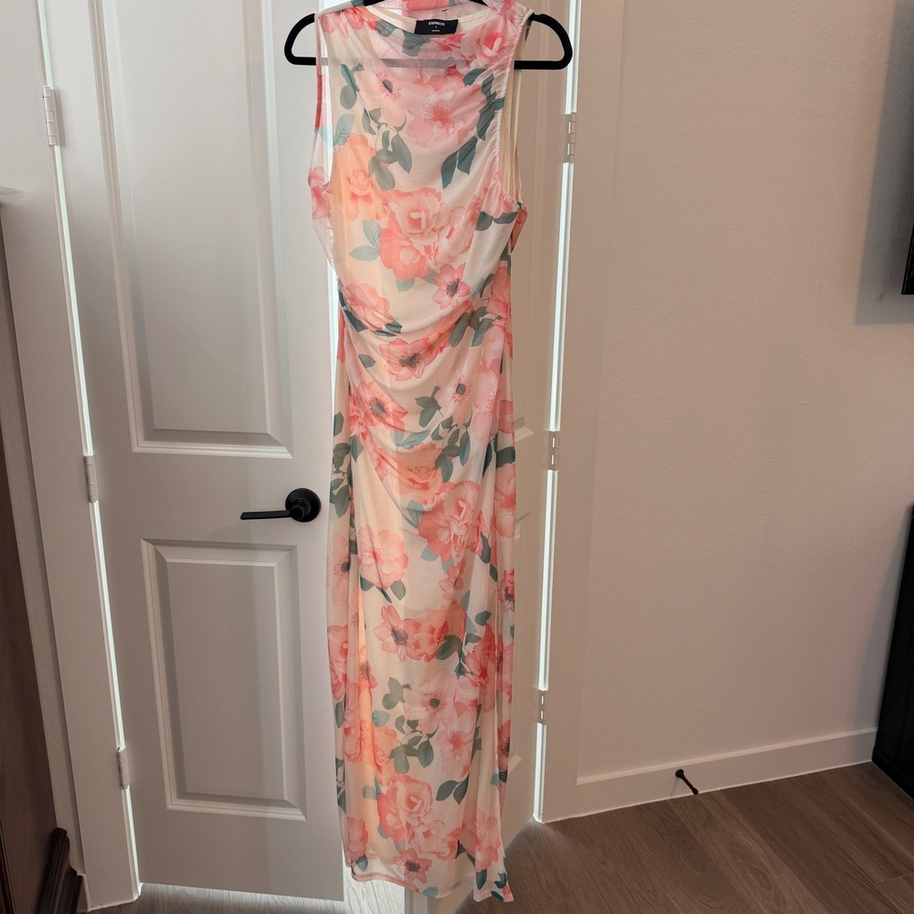 Express Floral Mesh Maxi Dress Pink Peach Cowl Neck Ruched Sleeveless Large